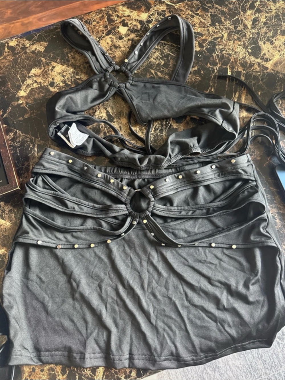 SHEIN Black Studded Ring-Front Crop Tank
